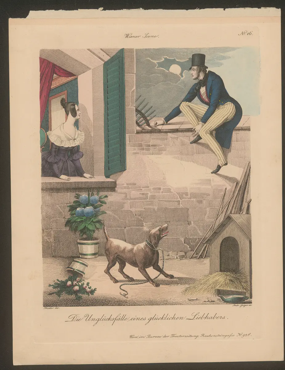 Die Unglücksfälle eines glücklichen Liebhabers., Titel der Serie: Wiener Scene, Name der Zeitschrift: Wiener Theaterzeitung