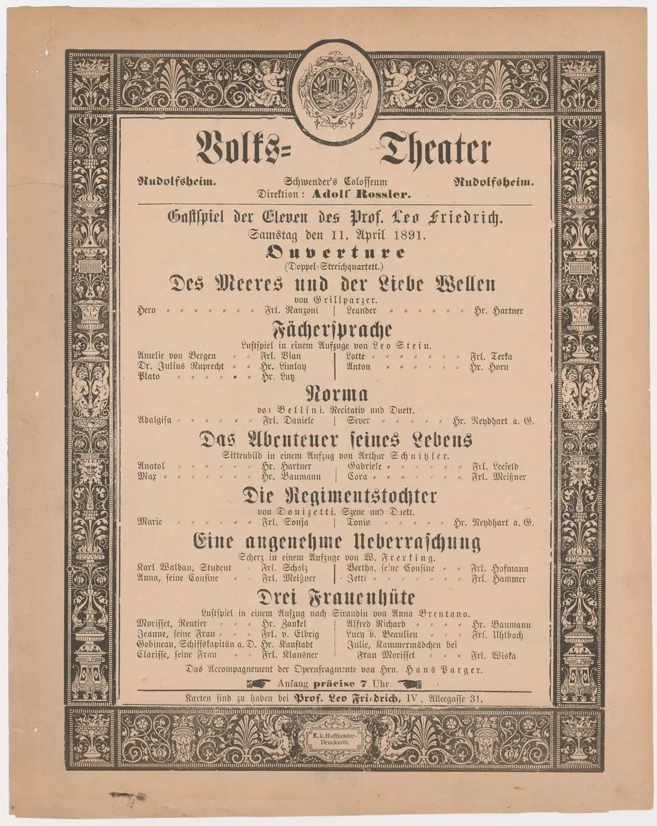 Des Meeres und der Liebe Wellen, Fächersprache, Norma, Die Abenteuer seines Lebens, Die Regimentstochter, Eine angenehme Ueberraschung, Drei Frauenhüte
