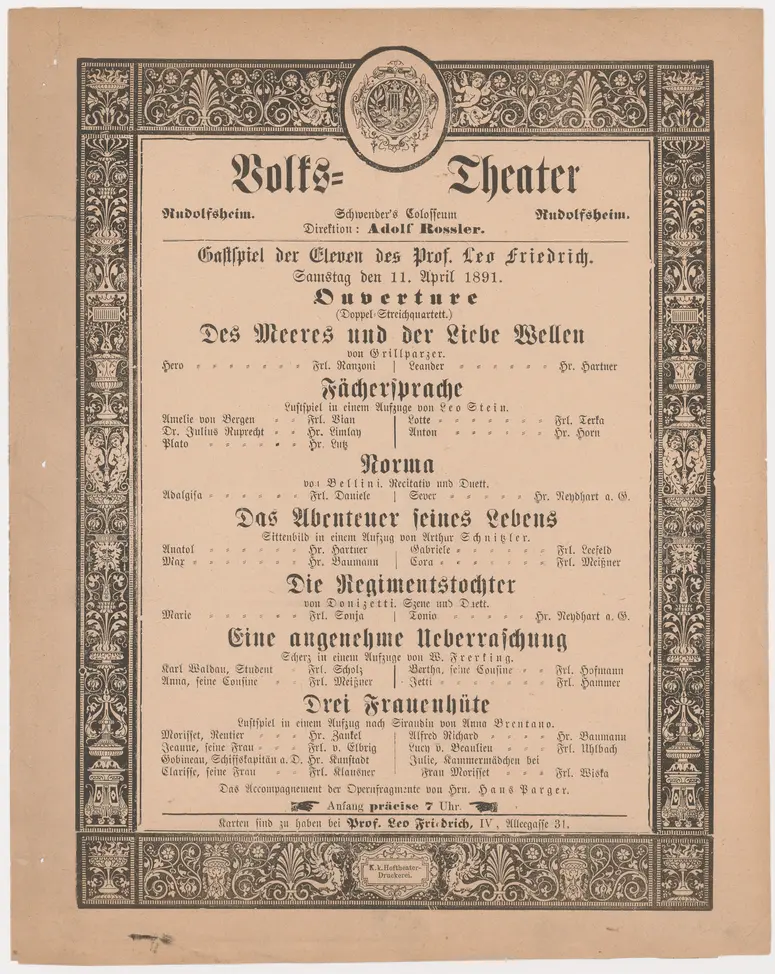 Des Meeres und der Liebe Wellen, Fächersprache, Norma, Die Abenteuer seines Lebens, Die Regimentstochter, Eine angenehme Ueberraschung, Drei Frauenhüte
