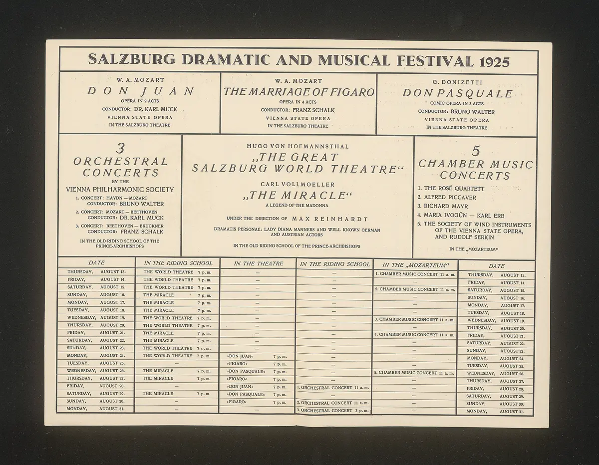 Salzburger Festspiele 1925, Titel in Vorlageform: Salzburg Festival 1925, Verweis auf Stücktitel: Don Juan, Verweis auf Stücktitel: Figaros Hochzeit, Verweis auf Stücktitel: Don Pasquale, Verweis auf Stücktitel: Die Entführung aus dem Serail, Verweis auf Stücktitel: Das Salzburger große Welttheater, Verweis auf Stücktitel: Das Mirakel