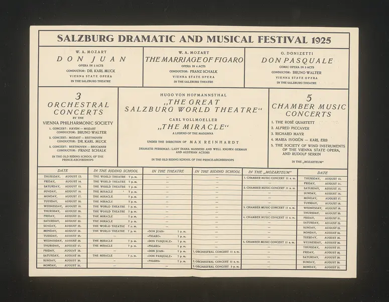 Salzburger Festspiele 1925, Titel in Vorlageform: Salzburg Festival 1925, Verweis auf Stücktitel: Don Juan, Verweis auf Stücktitel: Figaros Hochzeit, Verweis auf Stücktitel: Don Pasquale, Verweis auf Stücktitel: Die Entführung aus dem Serail, Verweis auf Stücktitel: Das Salzburger große Welttheater, Verweis auf Stücktitel: Das Mirakel