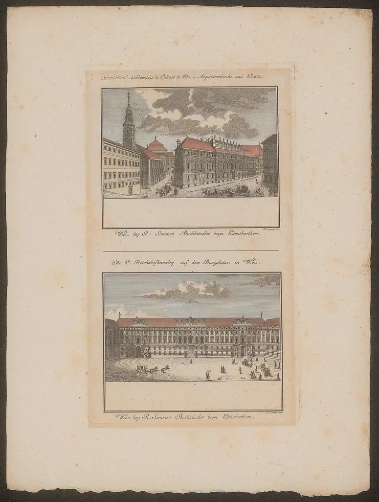 Wien (allgemein), Palais Lobkowitz und Reichshofkanzlei, Titel in Vorlageform: 1. Der Fürstl. Lobkowitzische Pallast in Wien. 2. Augustiner Kirche und Kloster / Die K. Reichshofkanzley auf dem Burgplatze in Wien.