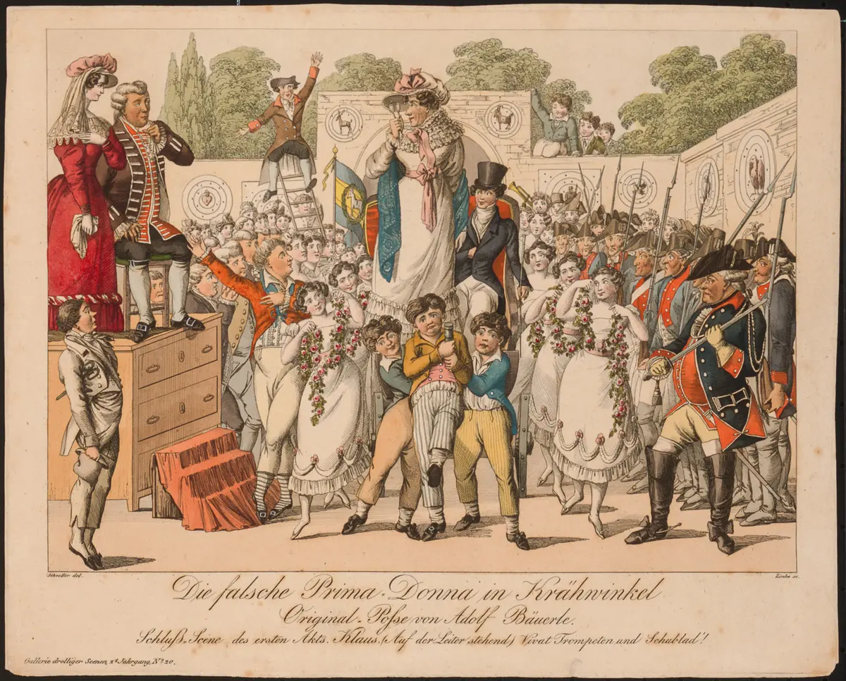 Die falsche Primadonna in Krähwinkel, Titel in Vorlageform: Die falsche Prima-Donna in Krähwinkel, Titel der Serie: Gallerie drolliger Scenen, Name der Zeitschrift: Wiener Theaterzeitung