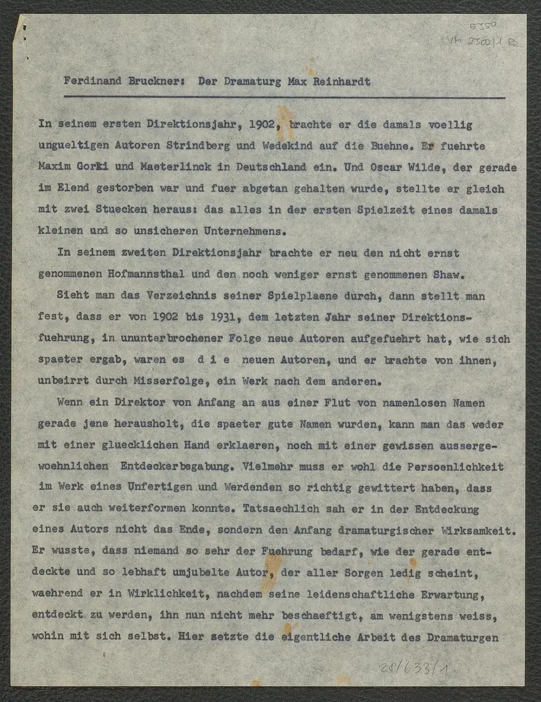 Der Dramaturg Max Reinhardt. Gesprochen anläßlich der Feier zu Max Reinhardts 80. Geburtstag im Schiller-Theater