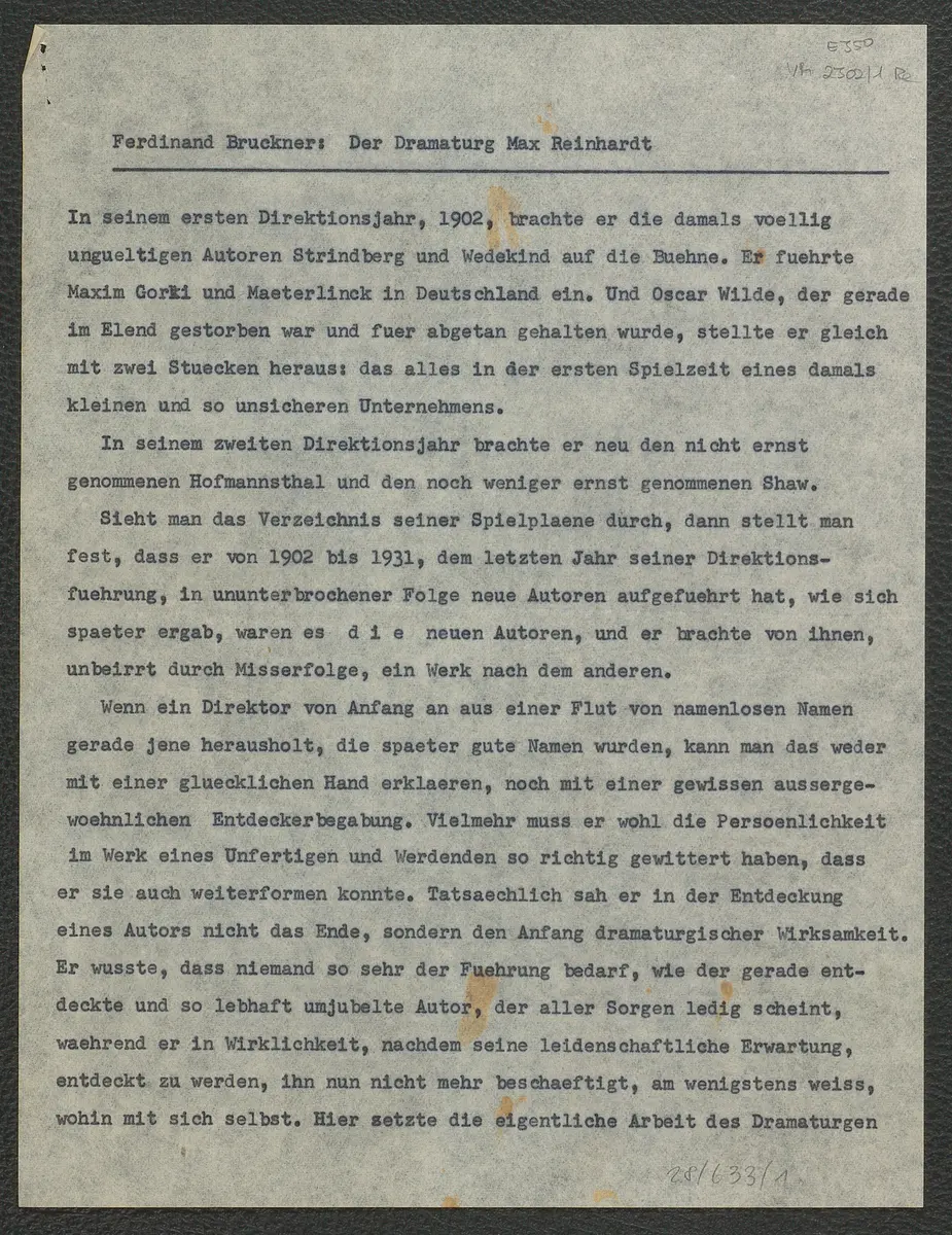 Der Dramaturg Max Reinhardt. Gesprochen anläßlich der Feier zu Max Reinhardts 80. Geburtstag im Schiller-Theater