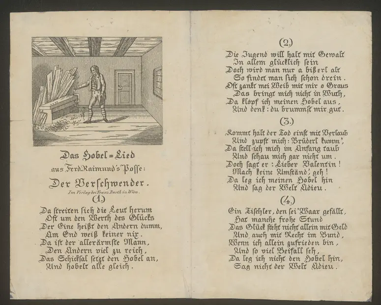 Der Verschwender, Titel in Vorlageform: Das Hobel-Lied aus Ferd. Raimund's Posse: Der Verschwender