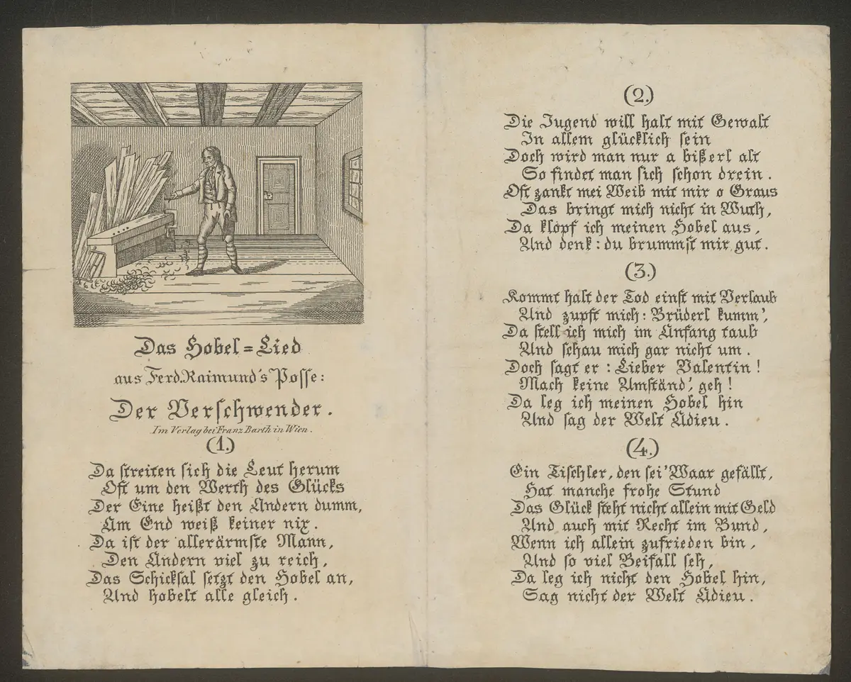 Der Verschwender, Titel in Vorlageform: Das Hobel-Lied aus Ferd. Raimund's Posse: Der Verschwender