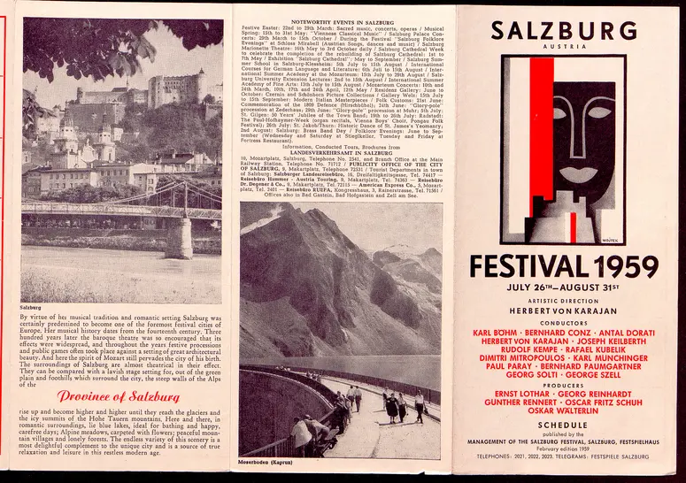 Salzburger Festspiele 1959, Titel in Vorlageform: Salzburg Festival 1959, Verweis auf Stücktitel: Julietta, Verweis auf Stücktitel: Orpheus und Eurydike, Verweis auf Stücktitel: Die Welt auf dem Monde, Verweis auf Stücktitel: Cosi fan tutte, Der Zauberflöte, Verweis auf Stücktitel: Die schweigsame Frau, Verweis auf Stücktitel: Jedermann, Verweis auf Stücktitel: Donnerstag, Verweis auf Stücktitel: Der Turm