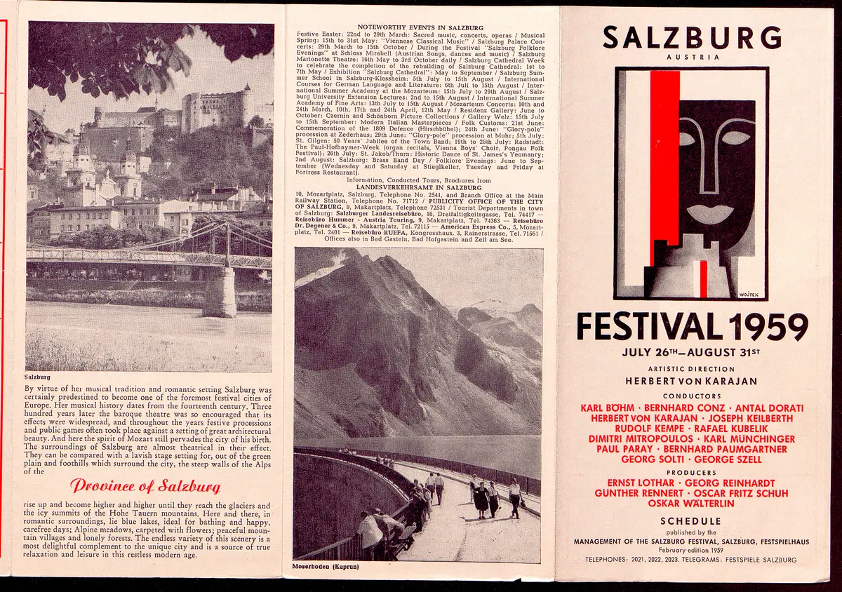 Salzburger Festspiele 1959, Titel in Vorlageform: Salzburg Festival 1959, Verweis auf Stücktitel: Julietta, Verweis auf Stücktitel: Orpheus und Eurydike, Verweis auf Stücktitel: Die Welt auf dem Monde, Verweis auf Stücktitel: Cosi fan tutte, Der Zauberflöte, Verweis auf Stücktitel: Die schweigsame Frau, Verweis auf Stücktitel: Jedermann, Verweis auf Stücktitel: Donnerstag, Verweis auf Stücktitel: Der Turm