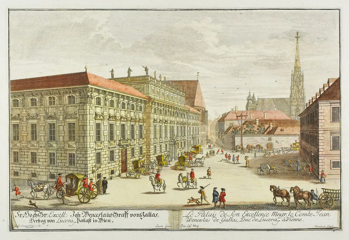 Wien (allgemein), Palais Lobkowitz, Titel in Vorlageform: Sr. Hoch Gr. Excell. Joh. Wenceslaus Graff von Gallas Hertzog von Lucera Pallast in Wien / Le Palais de Son Excellance Mngr. le Comte Jean Wenceslas de Gallas, Du Lucera á Vienne