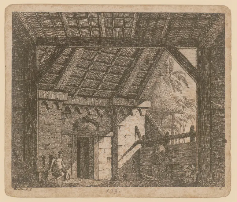 Das unterbrochene Opferfest, Titel der Serie: Theaterdecorationen nach den Originalskitzen des k.k. Hoftheatermahlers Joseph Platzer radirt und verlegt von Norbert Bittner